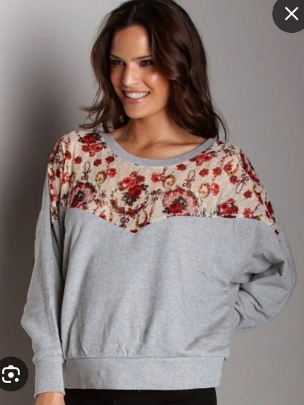 Free People Relaxed Fit Floral Lace Gray Sweatshirt Dolman Sleeve Size S